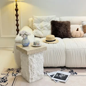 Modern Travertine Fiberglass Side Table Luxury FRP Flower Stand Stone Texture Pedestal Column End Table for Hotel Villa