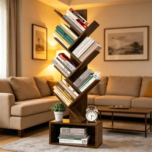 Modern Tree Style Book Rack Featuring Non Slip Feet and Multi Angle Shelves for Books Decor Items and Media Storage Solutions