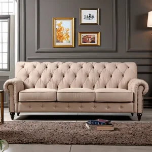 Modern Tufted Chesterfield Three Seat Linen Fabric Sofa Square shaped Adjustable Height Wood Legs Hotel Living Room