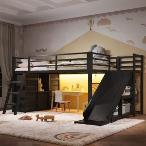 Modern Twin Metal Loft Bunk Bed Frame Slide Ladder Storage Drawers Hanging Wardrobe LED Strip Black Kids Teens Space Saving OEM