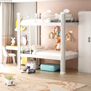 Modern Twin Over Twin Bunk Beds for Kids Teens Adults Flat Ladder & High Guardrail Metal Bed with Stairs for Hotels Dormitories
