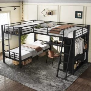 Modern Twin XL Full Size L Shaped Triple Bunk Loft Bed Frame Desk Wardrobe Space Saving Kids Teens Apartment Dormitory ODM OEM