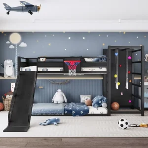 Modern Twin XL Loft Bed Frame Basketball Hoop Pull up Rings Metal Bunk Bed Climbing Wall Bookshelves for Bedroom Apartment Use