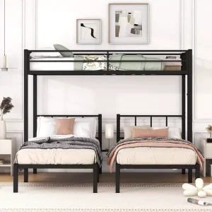 Modern Twin XL Over Twin Metal L-Shaped Bunk Bed with Loft 3 Beds in 1 Space-Saving Metal Bed Frame for Kids Teens Adults