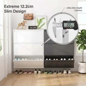 Modern Ultra Thin Steel Shoe Cabinet 122cm Depth Space Saving Flip Bucket Metal Shoe Rack for Hallway Entrance