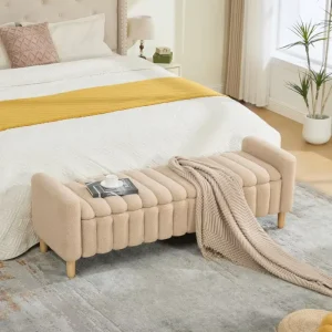 Modern Upholstered End of Bed Bench Wave Channel Tufted Flip-Top Storage Accent Window Footrest Stool with Solid Wood Legs