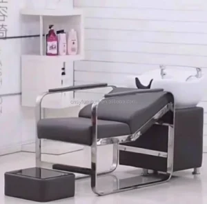 Modern Used Salon Shampoo Chair with Grey Leather Aluminum Frame Ceramic Footrest Wash Basin Sponge