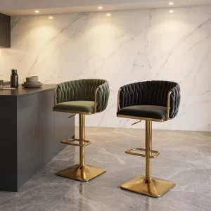 Modern Velvet Bar Chairs Gold Metal Base Durable Commercial Grade Adjustable Height Swivel Bar Chairs