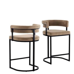 Modern Velvet Bar Stools with Barrel Backrest Upholstered Seat Black Metal Footrest Pair for Counters & Home Bars