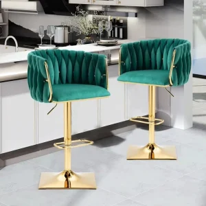 Modern Velvet Swivel Bar Chair Set of 2 Adjustable Counter Height Barstools with Gold Footrest