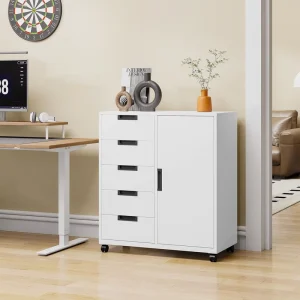 Modern Versatile White 5 Drawer 1 Door Mobile File Cabinet for Home Office