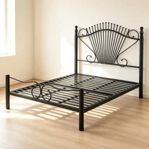 Modern Victorian Metal Slatted Bed Frame Matte Iron Platform Heavy Duty Bed Base with Vintage Fan Headboard for Bedroom Hostel