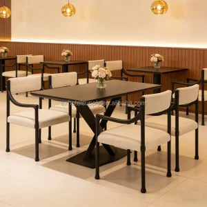 Modern Villa Coffee Shop Commercial Wood Fabric Cafe Chair Hotel Leisure F&B Restaurant Furniture Dining Table and Chair Set