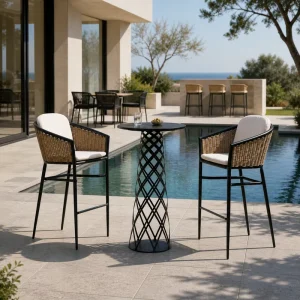 Modern Villa Outdoor Rope Woven Waterproof High Bar Set with Durable Eco Friendly Design Metal Frame for Hotels & Villas