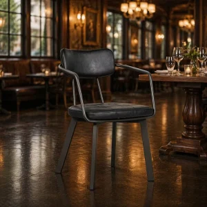 Modern Vintage Industrial Dining Armchair Black PU Leather Upholstered Metal Frame Restaurant Bistro Cafe Chair