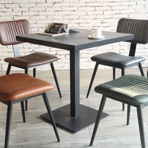 Modern Vintage Industrial Dining Chair Horizontal Ribbed PU Leather Upholstered Side Chair with Black Metal Frame for Cafe