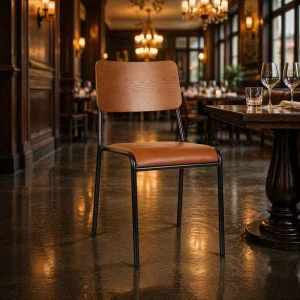 Modern Vintage Industrial Dining Chair Wood Grain Backrest Brown PU Leather Seat Metal Frame Cafe Restaurant Chair
