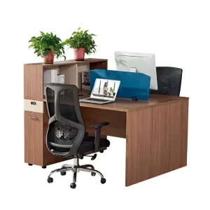 Modern Walnut 2 Person Office Workstation Storage Cabinet Blue Privacy Screen Minimalist Wood Computer Desk Staff Table SYH01-12
