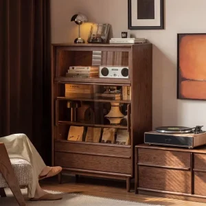 Modern Walnut Solid Wood Display Storage Cabinet With Glass Sliding Doors and LED Light Living Room