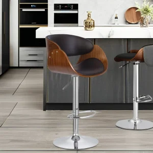 Modern Walnut Wood Adjustable Bar Stool with PU Leather Seat & Armrest Swivel Chrome Base Living Room & Kitchen Island Use