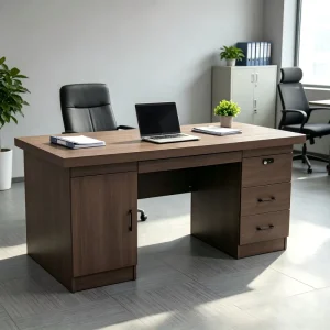 Modern Walnut Wood Grain Office Desk with Lockable Drawers Storage Cabinet 140cm Executive Computer Desk for Home Office