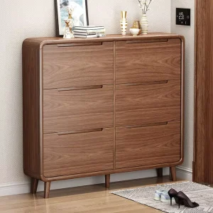 Modern Walnut Wood Shoe Cabinet with Flip Drawers Slim Tall Space Saving Shoe Storage Organizer for Living Room Convertible