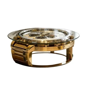 Modern Watch Design Coffee Table with Gold Metal Base and Clear Glass Top for Living Room Decor