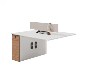 Modern Waterproof Melamine Top 2 Seat Staff Desk 9mm Desktop Screen Dual Cooling Fan Side Cabinet Password 2 Person Workstation
