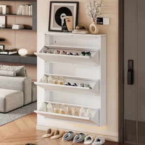 Modern Waterproof Slim Metal Shoe Cabinet 3 Door Ultra Thin Steel Space Saving Tipping Bucket Organizer for Home Entrance