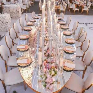 Modern Wedding Tables Chairs Stainless Steel Oval Mirror Glass MDF Dining Table Outdoor Hotel Furniture Living Room Customized