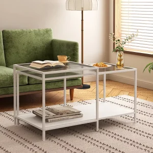 Modern White Black Iron Adjustable Nesting Coffee Table Set 2-Tier Side End Tables for Living Room and Home Bar