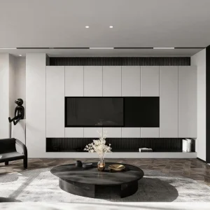 Modern White Black TV Wall Unit With Fluted Panels Minimalist Living Room Media Cabinet Fits 65 Inch TVs