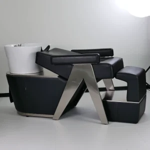 Modern White Ceramic Basin Leather Barber Shampoo Chair Stainless Steel Frame Half Lying Hair Washing Salon Furniture Park Hotel