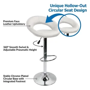 Modern White Circular Hollow Out Leather Bar Chair Metal Base Swivel Counter Stool with Sleek Chrome Base Adjustable Height