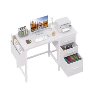 Modern White Computer Desk With Fabric File Drawers Cabinet 47 Inch Home Office Writing Table PC Desks