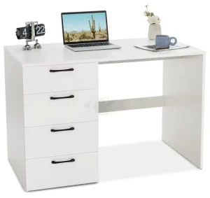Modern White Desk with 4 Storage Drawers Home Office Computer Table Writing Vanity for Bedroom or Study