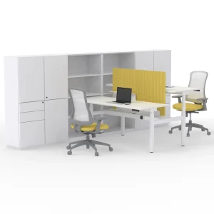 Modern White Electric Office Furniture Motorised Adjustable Height Sit Stand Desk with Metal Drawers Ergonomics Designed