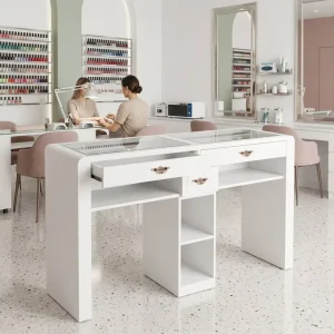 Modern White Glass Top Manicure Table with Drawers and Storage Eco Friendly Tiered Shelves for Beauty Salon Nail Technician Use