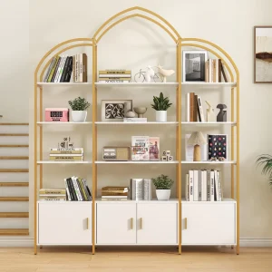 Modern White Gold Arched Wood Bookshelf Large Strong Durable Etagere Display Cabinet Bottom Storage Doors for Living Room