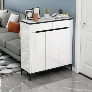 Modern White High Gloss Durable Shoe Cabinet Black Accents 3 Door Flip Down Entryway Storage Space Saving Home Furniture