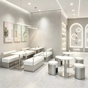 Modern White Leather Booth Sofa Set Stainless Steel Dining Table Commercial Hotel Outdoor Cafe Furniture for Bubble Tea Milk Tea