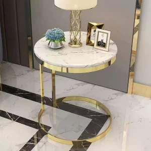 Modern White Marble Side Table Golden Metal Frame Round Coffee Side Table for Home Hotel Bedroom Decor