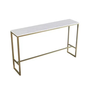 Modern White Marble Vein Sintered Stone Narrow Long Bar Table with Black Metal Frame for Home Bar Mall Commercial Use