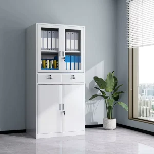 Modern White Metal Filing Cabinet 1850mm Height Steel Cupboard 2 Glass Doors 2 Drawers for School Commercial Archive Storage
