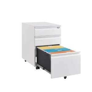 Modern White Metal Filing Cabinet 3 Drawer Mobile Pedestal with Lock Rolling Under Desk Office Cabinet for A4 Letter Size