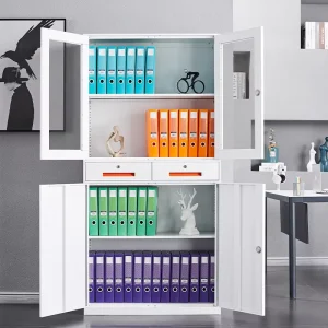 Modern White Metal Fireproof Filing Cabinet with 2 Drawers and Glass Door 40cm Wide for School Use