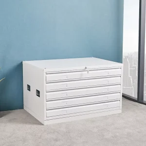 Modern White Metal Storage Filing Cabinet with Wheels for Art Paper Maps and Files 5 Drawers School & Workshop Use