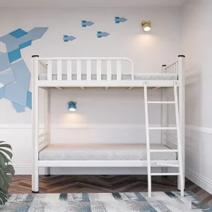Modern White Metal Twin Over Twin Bunk Bed with Wooden Slats for Bedroom & Dormitory
