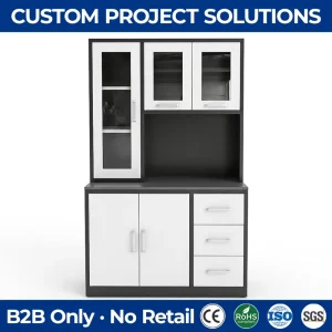 Modern White Modular Steel Kitchen Cupboard Pantry Cabinet with Glass Doors