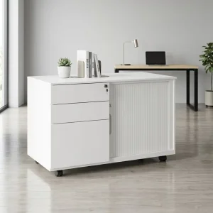 Modern White Movable Filing Cabinet with Tambour Door 3 Drawers Wheels for Home Office and School Use